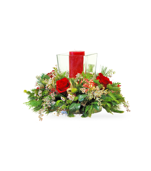 Square Hurricane Centerpiece Flowers for Christmas by Sun Flower Gallery